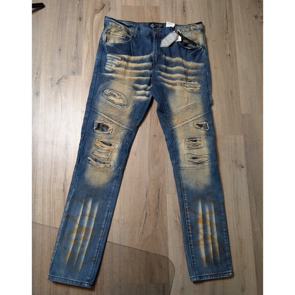 NWT Road Narrows Size 34X34 Jeans  Moto Distressed Straight Leg Biker Streetwear - Picture 2 of 12